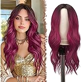 FESHFEN Long Wine Red Wigs for Women, 24 inch Middle Parting Synthetic Wavy Wig for Daily Party, Ombre Black to Burgundy