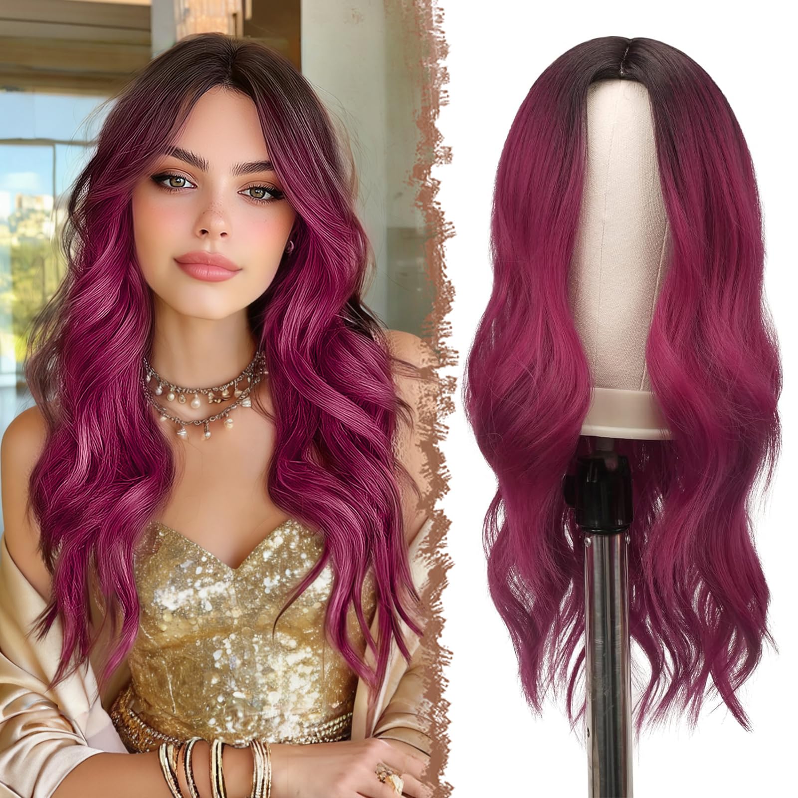 FESHFEN Long Wavy Ombre Burgundy Wigs for Women, 22 Inch Middle Parting Natural Looking Synthetic Hair Fashion Curly Wig for Party Cosplay Daily Use