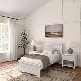 Plank+Beam Modern Farmhouse Single Bed (Twin), Panel Headboard, White Wash | Exceptional Craftsmanship, Enhanced Durability, Metal Support Bar, Modern Styling, Solid Wood