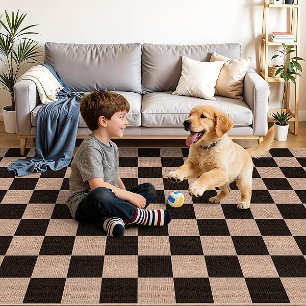 CHECKERED 3X5 NO SHED JUTE RUG: MACHINE WASHABLE NON SLIP RUGS FOR ENTRYWAY FRONT PORCH KITCHEN – DOOR MAT AREA RUG FARMHOUSE NEUTRAL NON SHEDDING – CARPET FOR BEDROOM LIVING ROOM (BLACK,3X5)