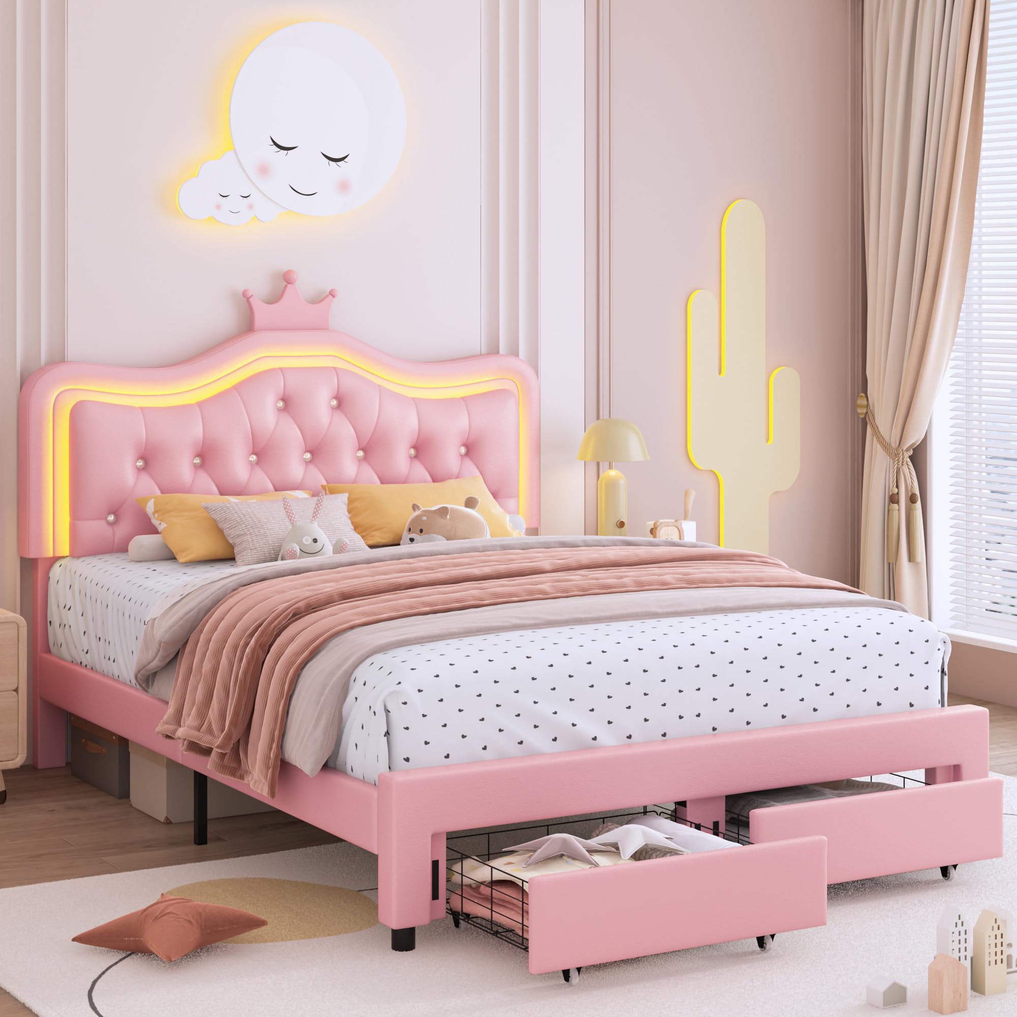 Keyluv Full Upholstered LED Bed Frame with Storage Drawer, Leather Princess Platform Bed with Adjustable Crystal Button Tufted Crown Headboard, Solid Wooden Slats Support, No Box Spring Needed, Pink Image