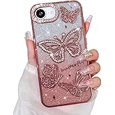 Bonoma Glitter Case for iPhone 16e, Cute 3D Butterfly Pattern Plating Bling Case,Camera Protection Sparkly Slim Soft Back Cover for Women Girls,Pink