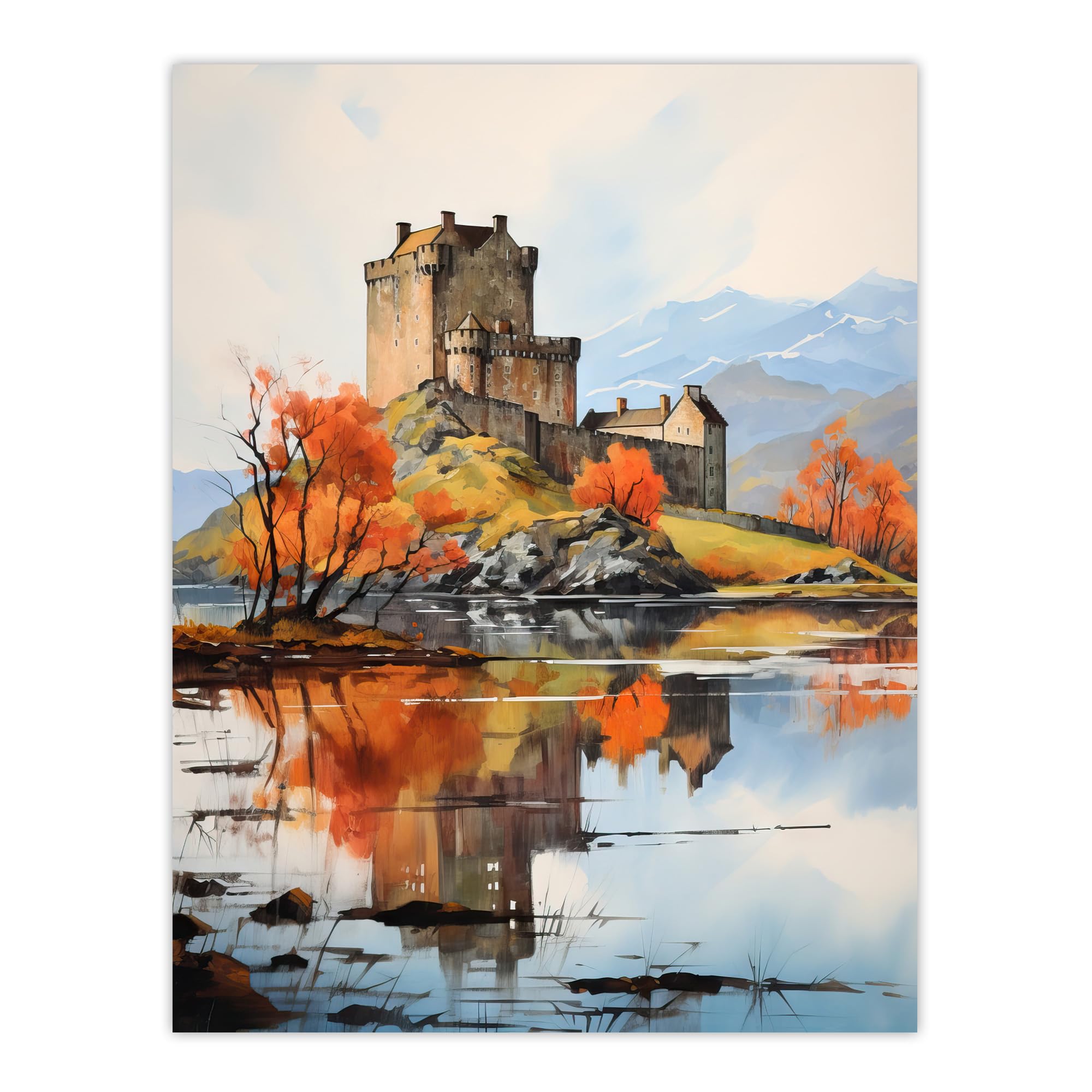 Artery8 Eilean Donan Castle Scotland Watercolour Painting Misty Morning Autumn Sunlight Extra Large XL Wall Art Poster Print
