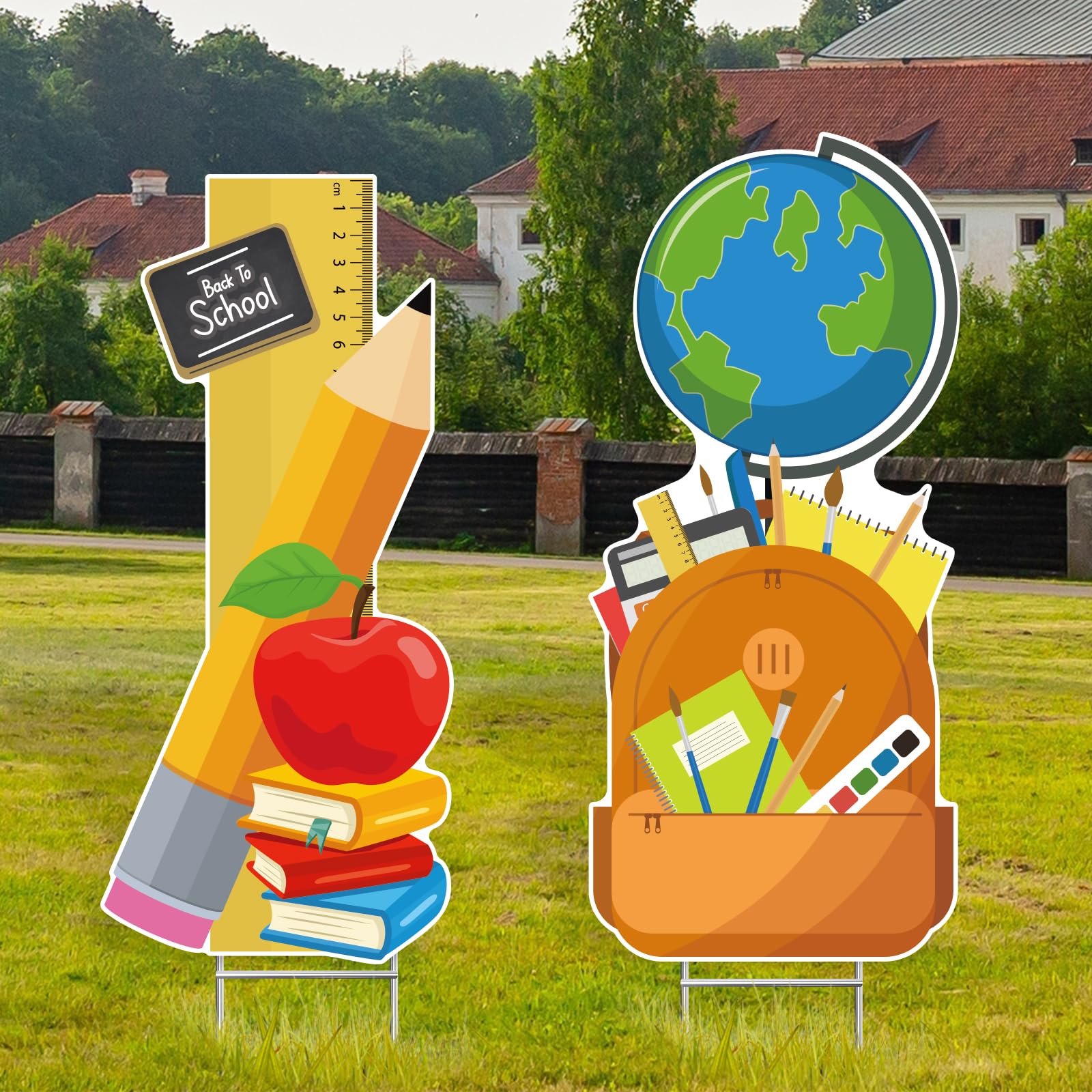 Photo 1 of Welcome Back to School Yard Signs with Stakes First Day of School Yard Lawn Sign Cards with Metal Stakes Welcome Back Colorful School Yard Ornaments Party Supplies for Celebration