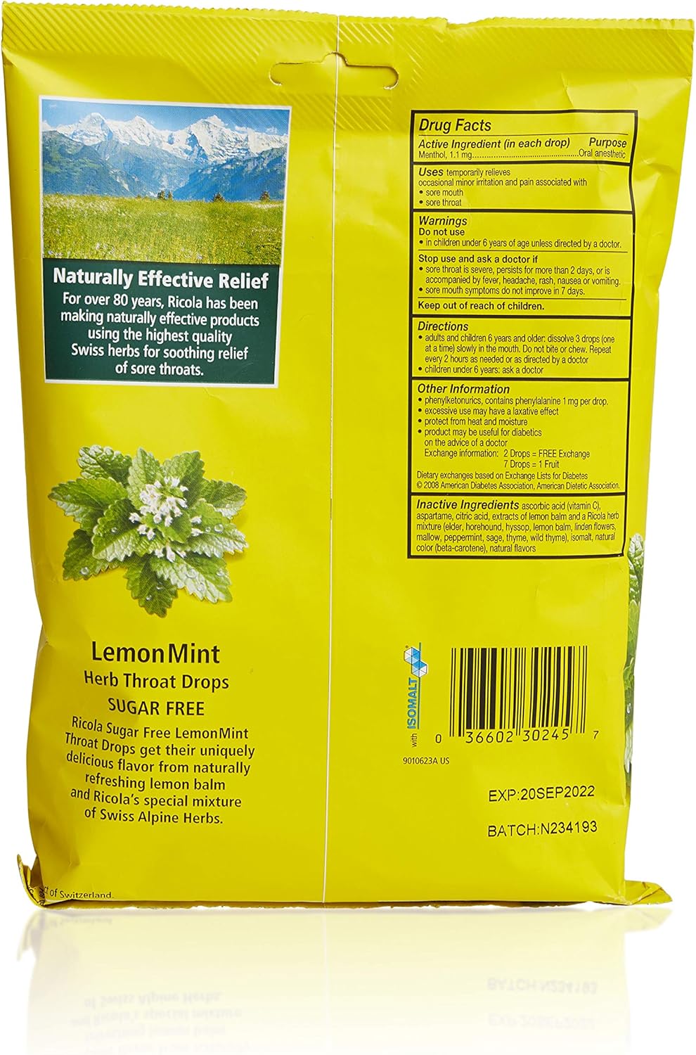 Ricola Sugar Free Lemon Mint Herbal Cough Suppressant Throat Drops, 45ct Bag (Pack of 2): Health & Personal Care