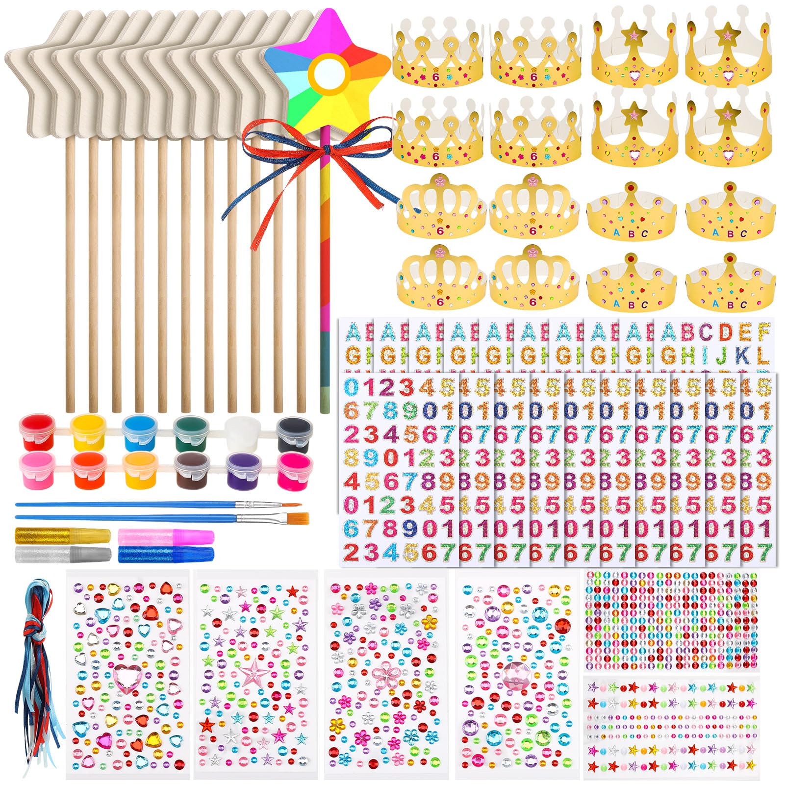 GSrenyu 92Pcs Princess Fairy Wands&Paper Crown Kit, Wooden Craft Kits for Kids, Self-Adhesive Rhinestone and Number Letter Stickers, Accessories for Kids Girls
