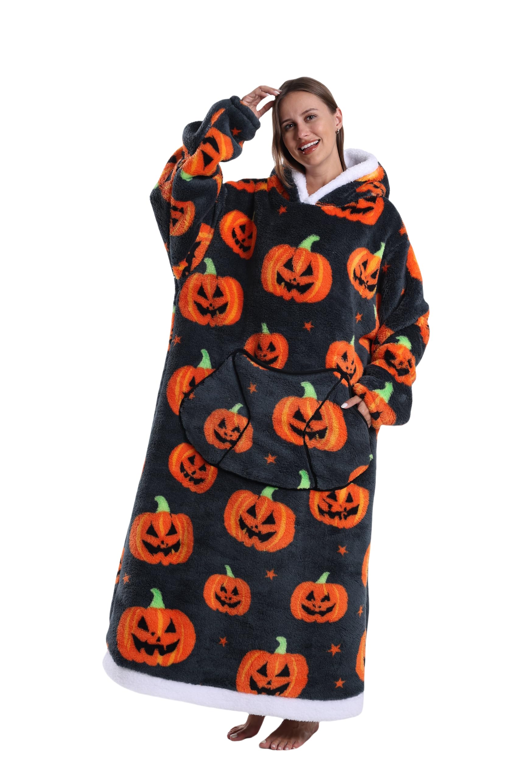 Capecage Blanket Hoodie, Long Hooded Blanket Sweatshirt as Birthday Gifts for Women Men, Long Wearable Blanket for Women Men. (Pumpkin1) Image