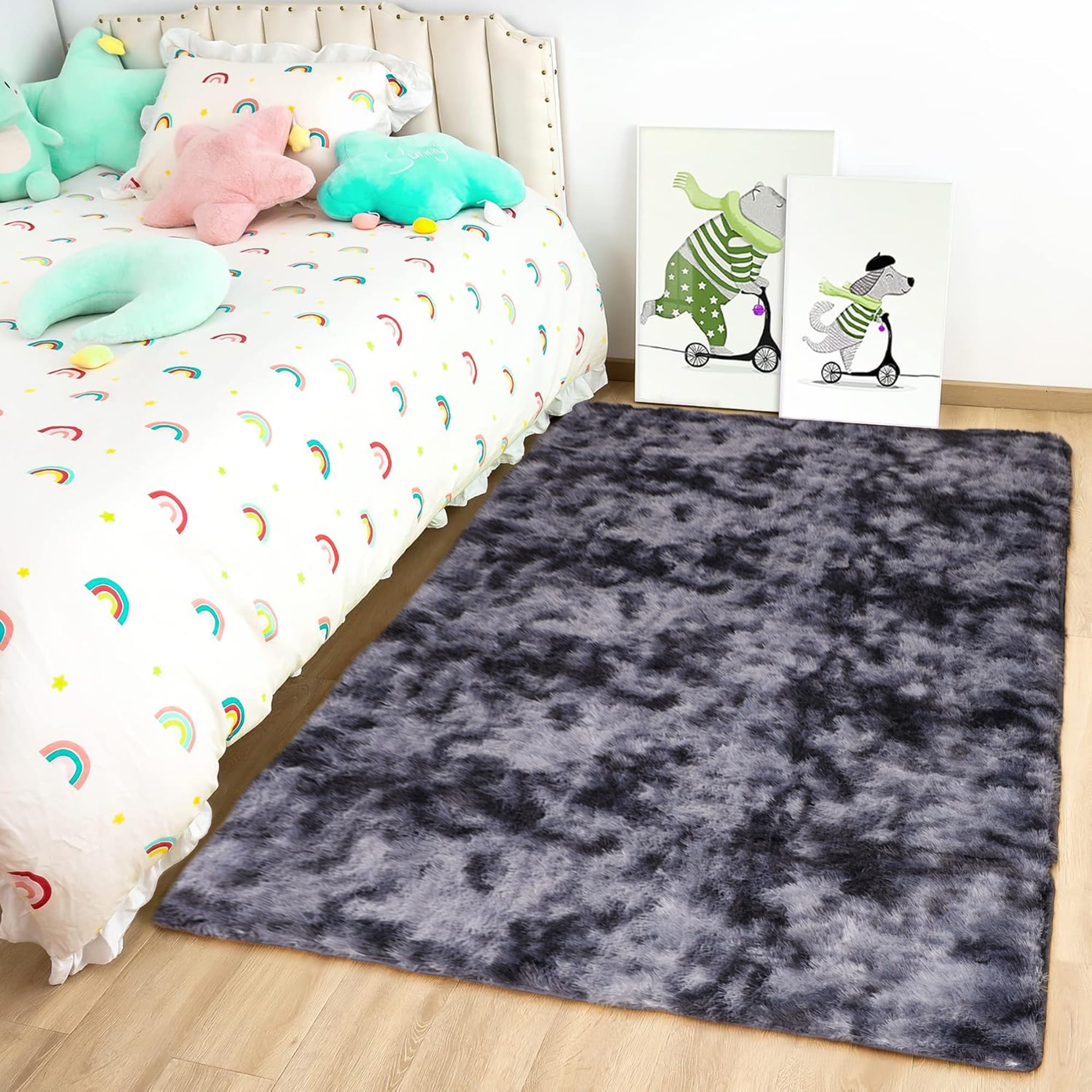Oxford Homeware Rugs Living Room 60x110 cm – Tie-Dye Dark Grey Area Rugs for Bedroom Anti Slip – Modern Super Soft Plush Carpets Fluffy Shaggy Rug for Lounge – Non Shedding Bedside Rug for Kids Room