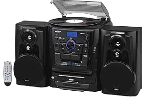 Jensen® Bluetooth® 3 Speed Stereo Turntable 3 CD Changer Music System with Dual Cassette Deck, Pitch Control and Remote Control