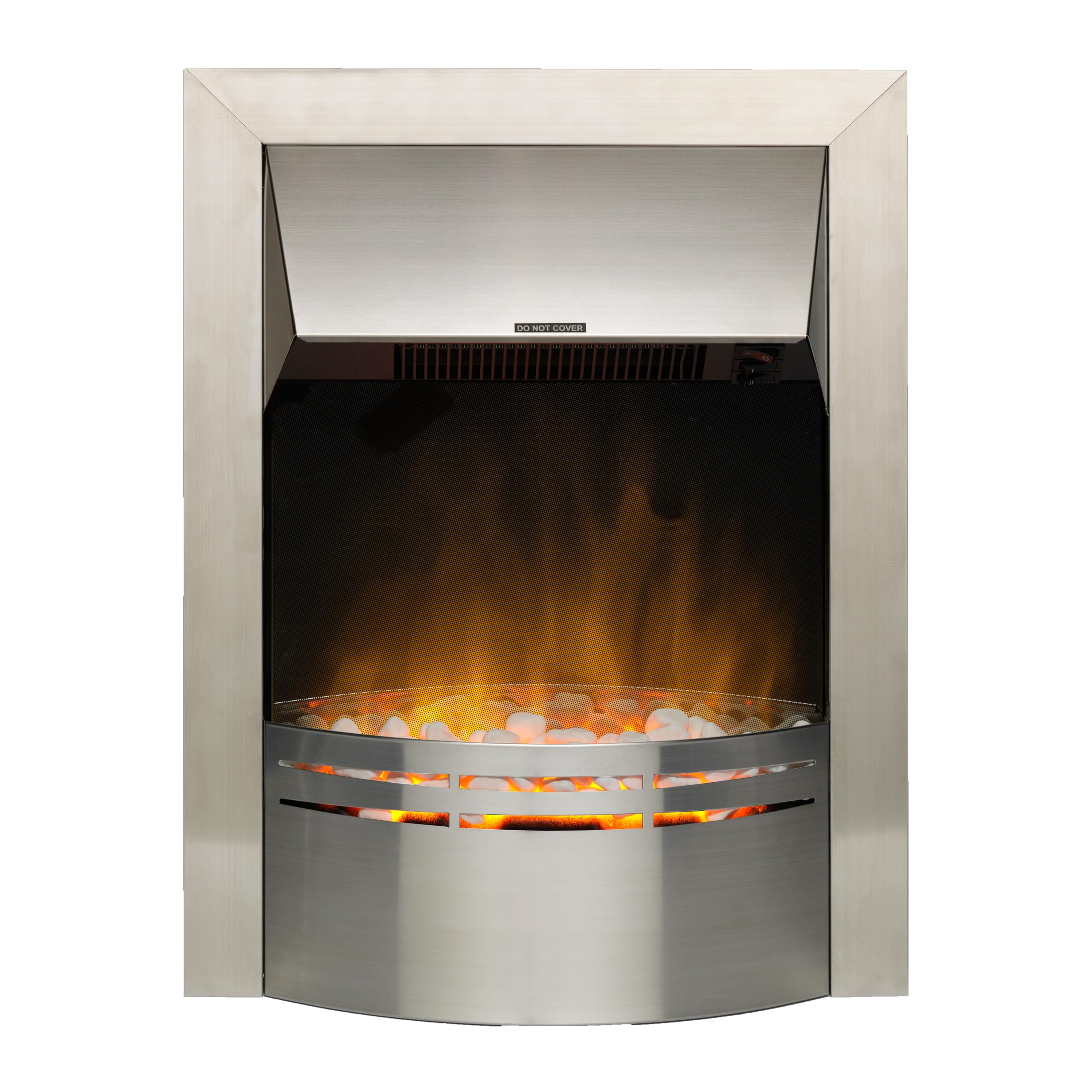 Dimplex Dakota Optiflame Inset Electric Fire, Modern Brushed Stainless Steel Electric Flame Effect Fire, White Pebble Fuel Bed, 2kW Fan Heater and 1000/2000 Watt Settings, Inset (Recess) Depth 7cm