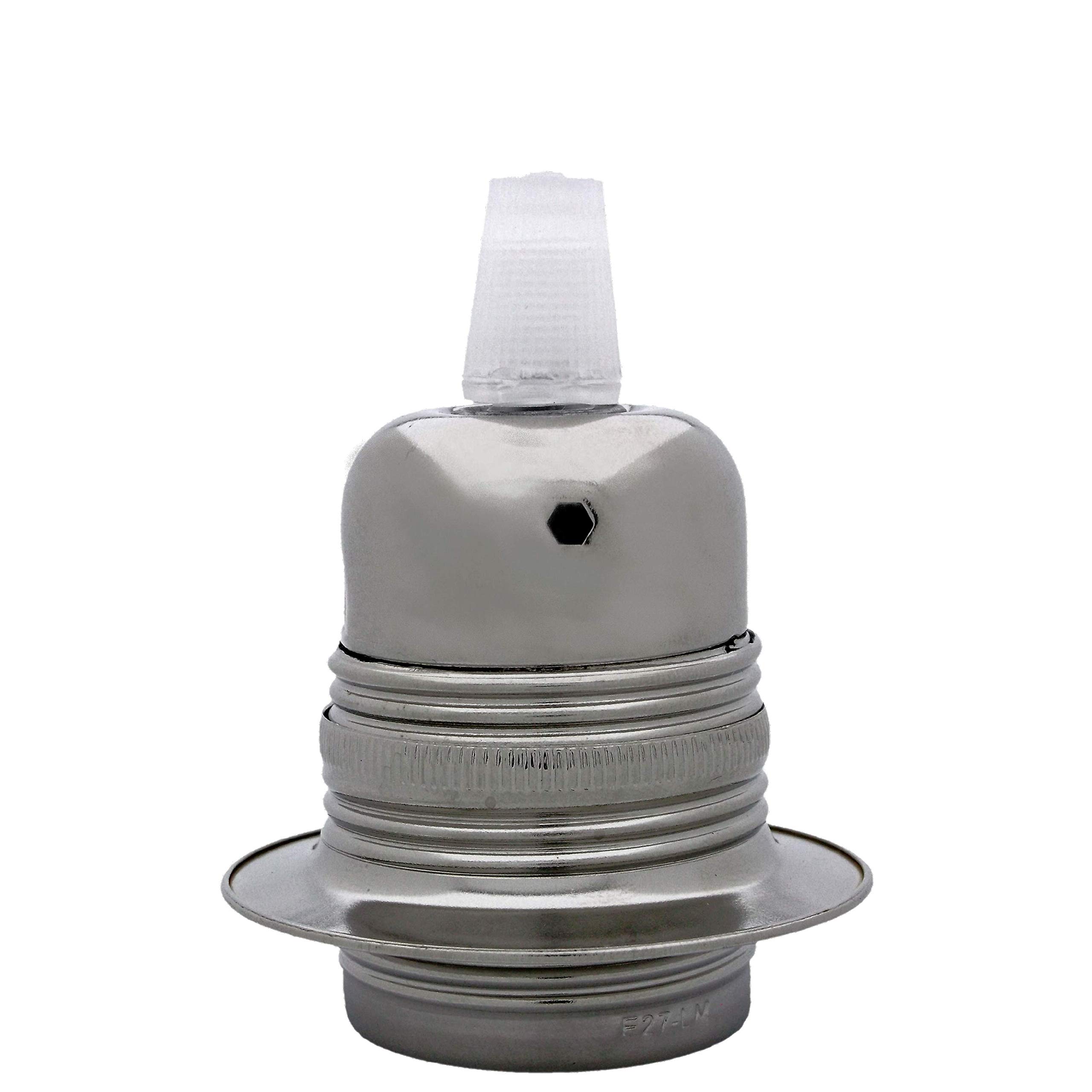 Edison Screw (E27) Metal and Ceramic Earthed Lampholder in Silver Nickel Finish with Nylon Cord Grip