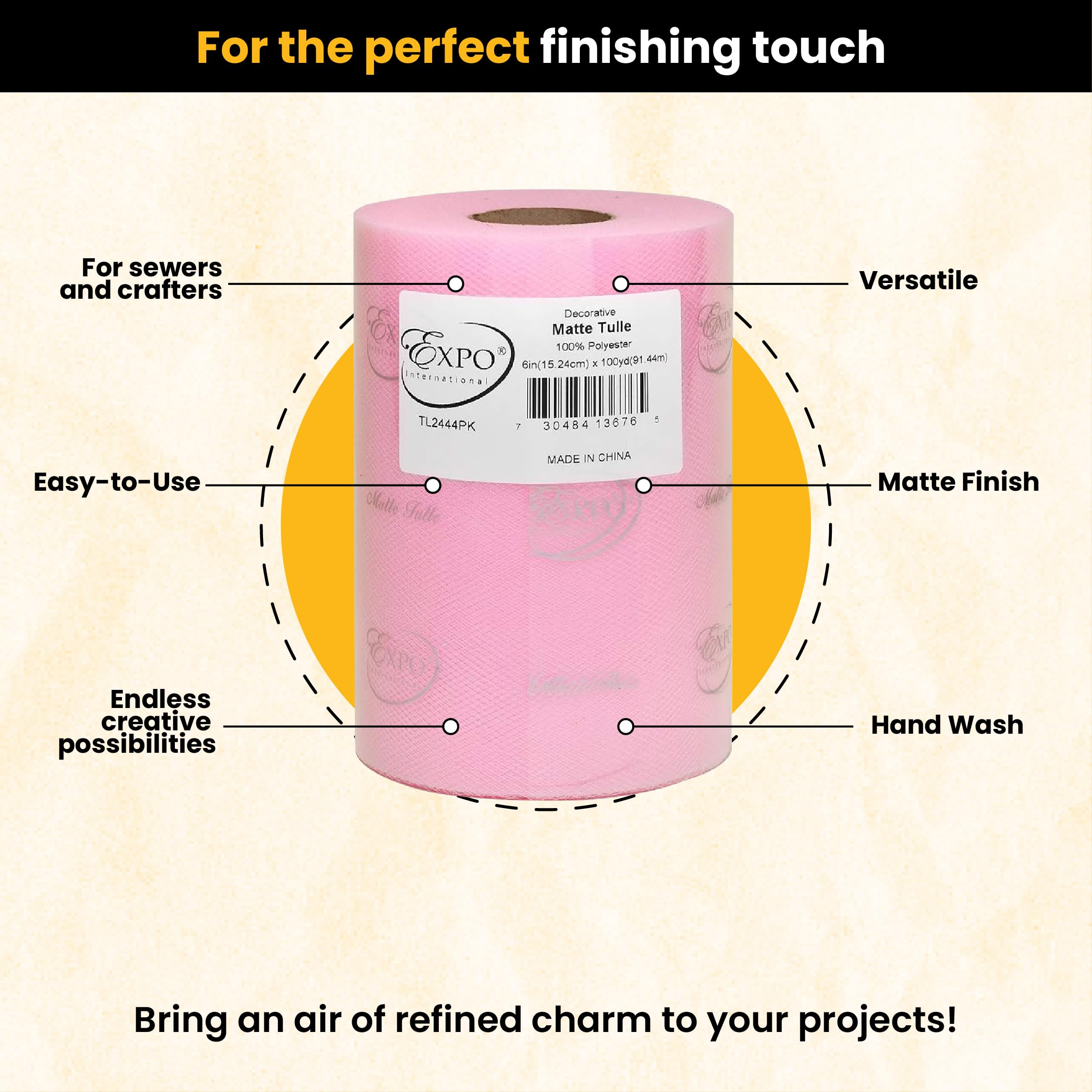 Expo International Matte Decorative Tulle Roll, 6 Inch x 100 Yards, Pink