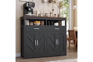 knoworld Buffet Sideboard with Storage Farmhouse with 4 Doors, 47'' Large Kitchen Storage Cabinet Wood Coffee Bar Cabinet Buffet Table with Shelves for Kitchen, Dining Room, Entryway