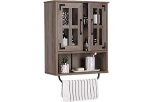 RUSTOWN Wood Wall Storage Cabinet with Cross Glass Doors, Farmhouse Wall Mounted Cabinet, 3 Tier Rustic Bathroom Cabinet with Adjustable Shelves and Towel Bar for Bathroom, Living Room, Washed Oak
