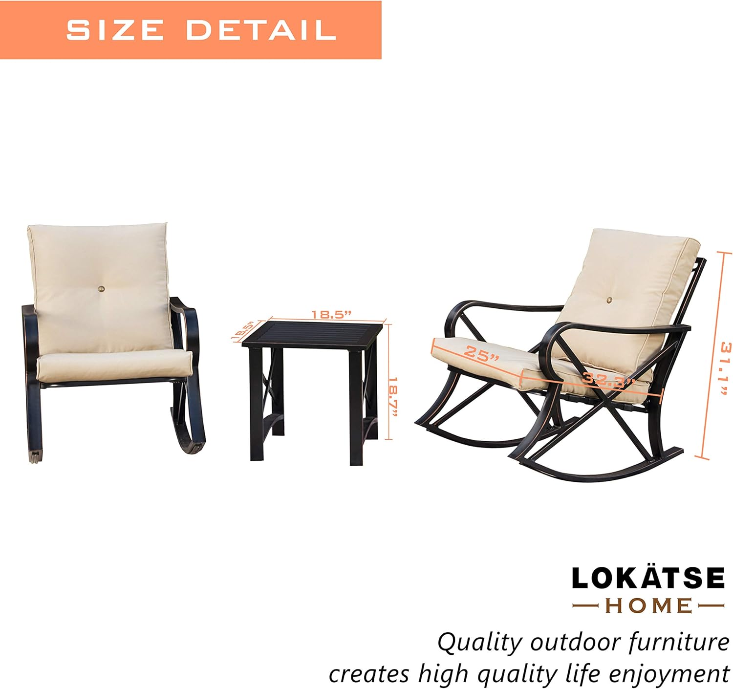 LOKATSE HOME 3 Piece Patio Outdoor Rocking Chair Bistro Sets with Coffee Table, Khaki: Garden & Outdoor