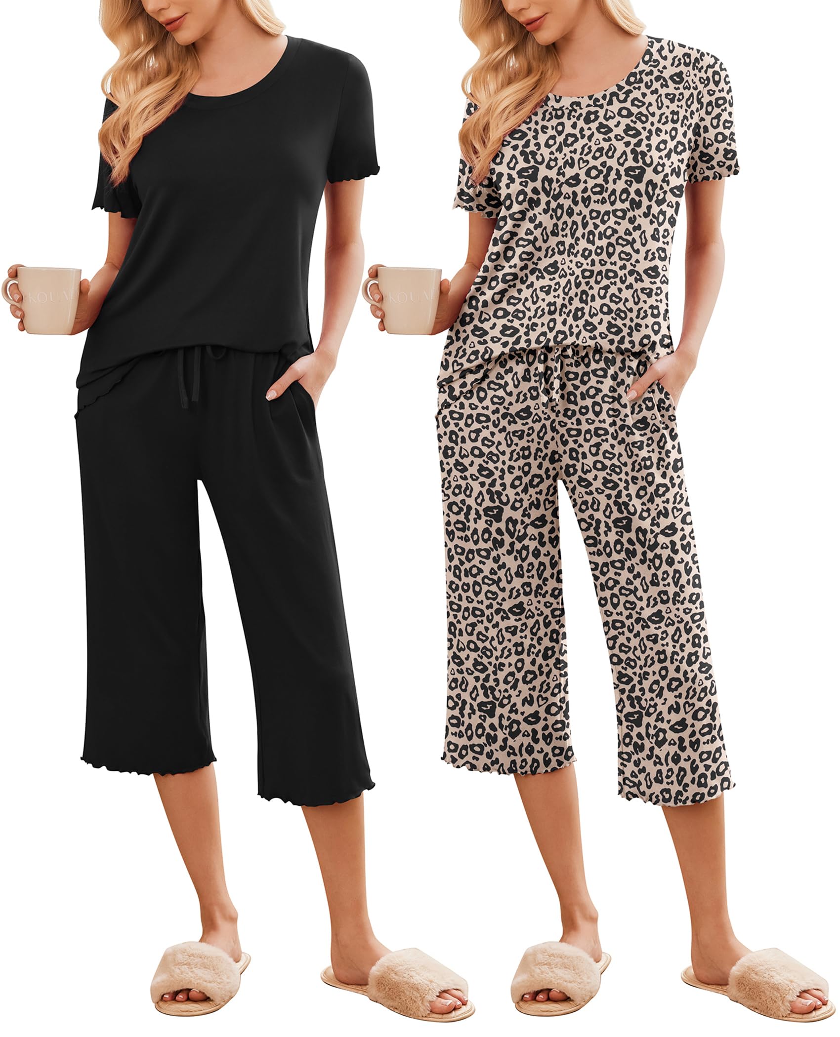 Photo 1 of (1 PC, NO BLCK) Ekouaer 1 Pack: Women's Set Short Sleeve Pj Top Capri Pants - Pajamas Sets Lounge & Sleepwear *** Leopard,XX-Large