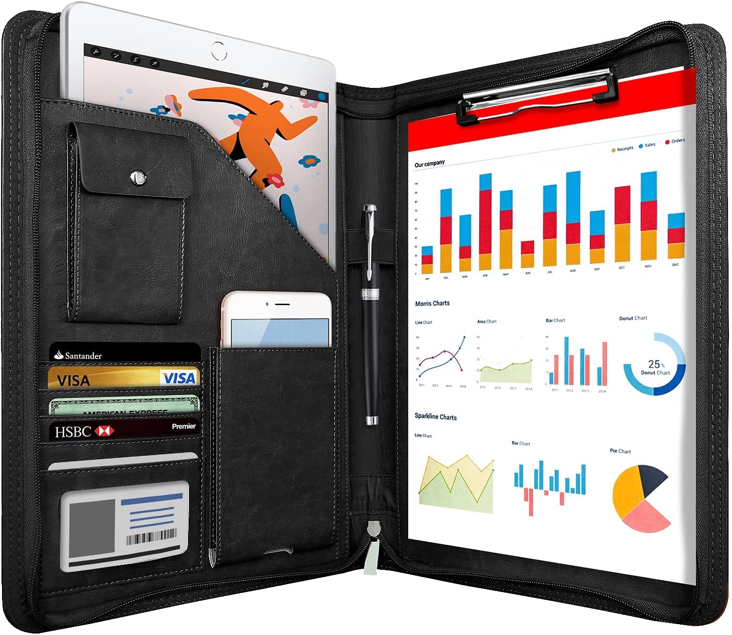 NEWYES Leather Zipper Conference Folder, A4, Travel Document Folder, Portfolio Travel Wallets, Personal Agenda Organizer Folder, Black, NY-A403-BL-EU, Black/White, 33,5 * 25 * 3,5 cm