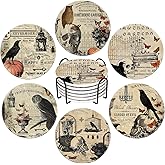Whaline 6Pcs Halloween Coasters with Holder Vintage Owl Crow Skull Ceramic Drink Coasters Absorbent Cup Mat for Home Kitchen Party Table Protection
