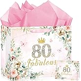 Yoirrat Rose Gold 80th Birthday Gift Bag for Women Large Pink Flowers 80 & Fabulous Happy 80th Birthday Gift Bag with Wrapping Paper Card for Floral 80 Years Old Bday Decorations Party Supplies