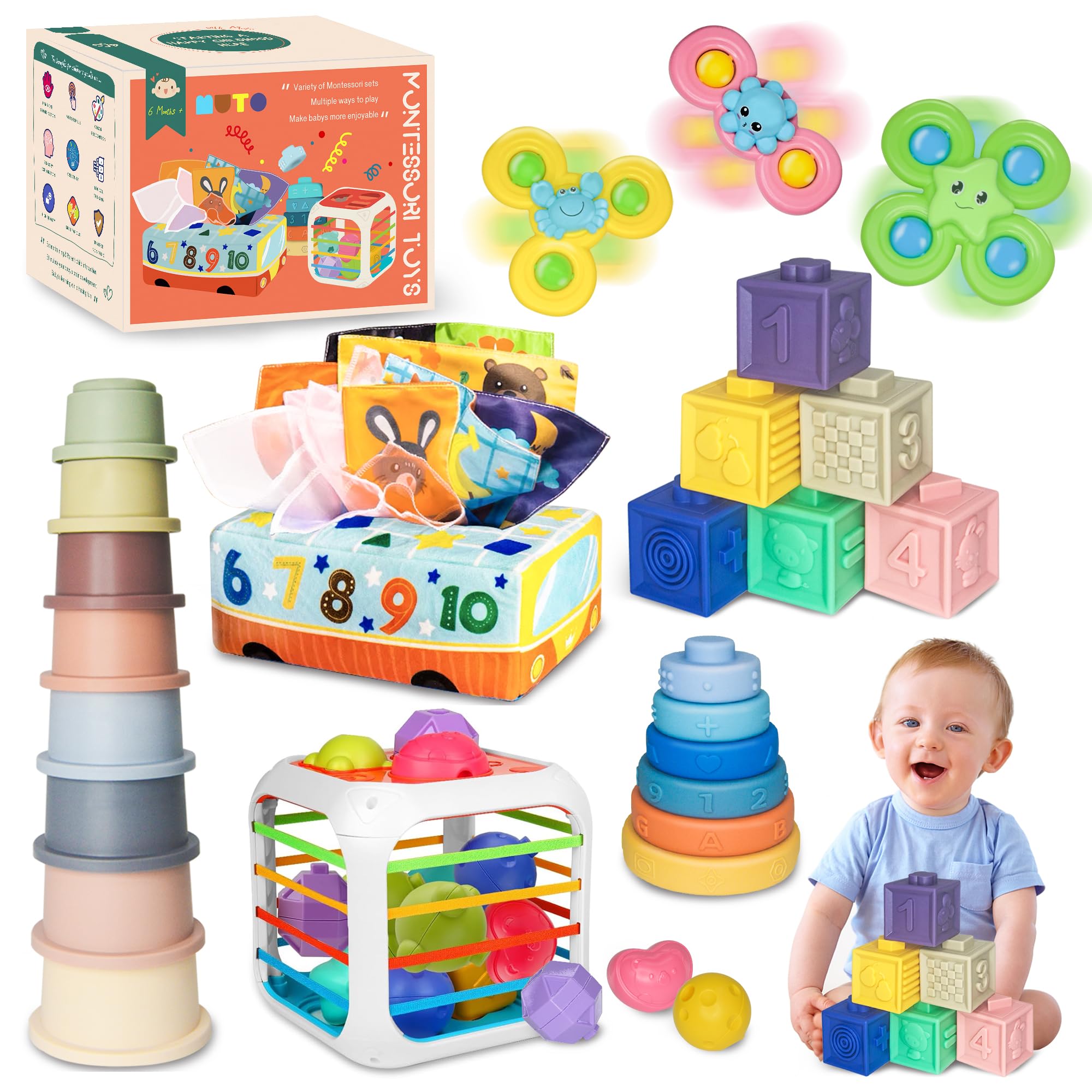 MutoToy® Baby Toys 6 Months Plus, 6 in 1 Montessori Toys, 42PCS Sensory Toys with Stacking cups, Suction Cup Spinner Toys, Baby Tissue Box Toy, Shape Sorter, Stacking Rings, Baby Blocks