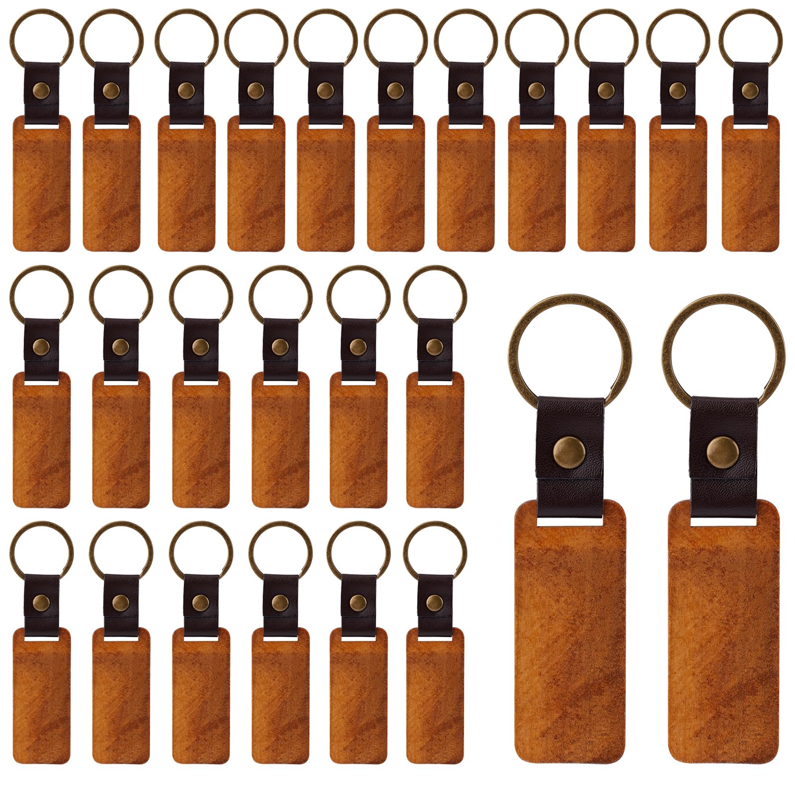 NQEUEPN 25pcs Leather Wood Keychain Blank, Wooden Keychain Blanks with Leather Strip Engraving Blanks Wood Blanks Unfinished Wooden Key Ring Key Tag Crafts Supplies