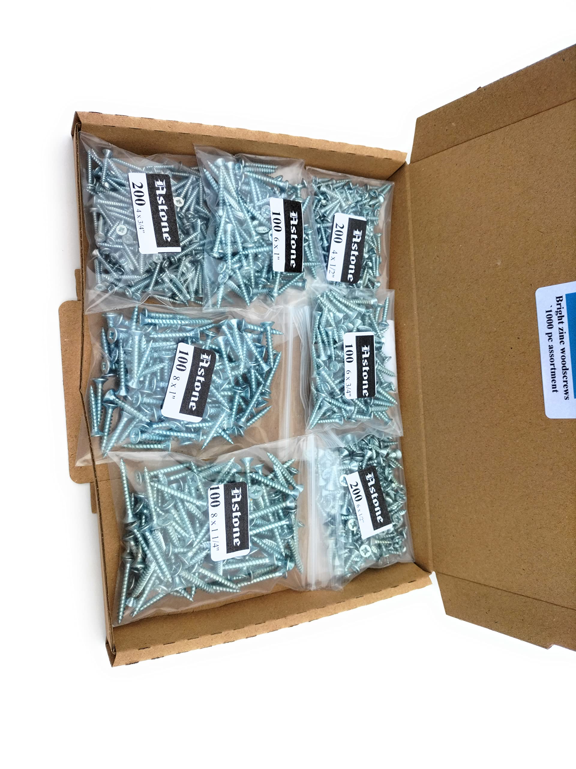 Astone wood screw assortments (7 sizes 1000pc 1/2", 3/4", 1", 1 1/4")