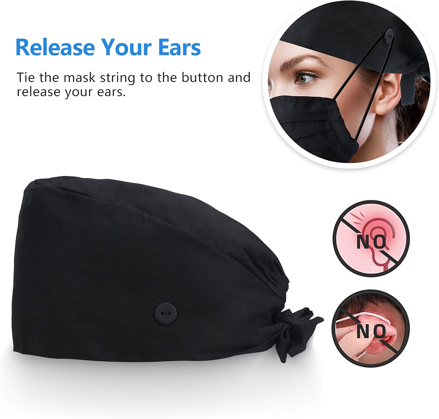 QBA Adjustable Working Cap with Button, Cotton Working Hat Sweatband, Elastic Bandage Tie Back Hats for Women & Men, One Size - Black: Clothing