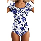 EVOCRCO Women One Piece Swimsuit Tummy Control Ruffle Bathing Suit Square Neck Ruched Swim Suit Slimming Swimwear