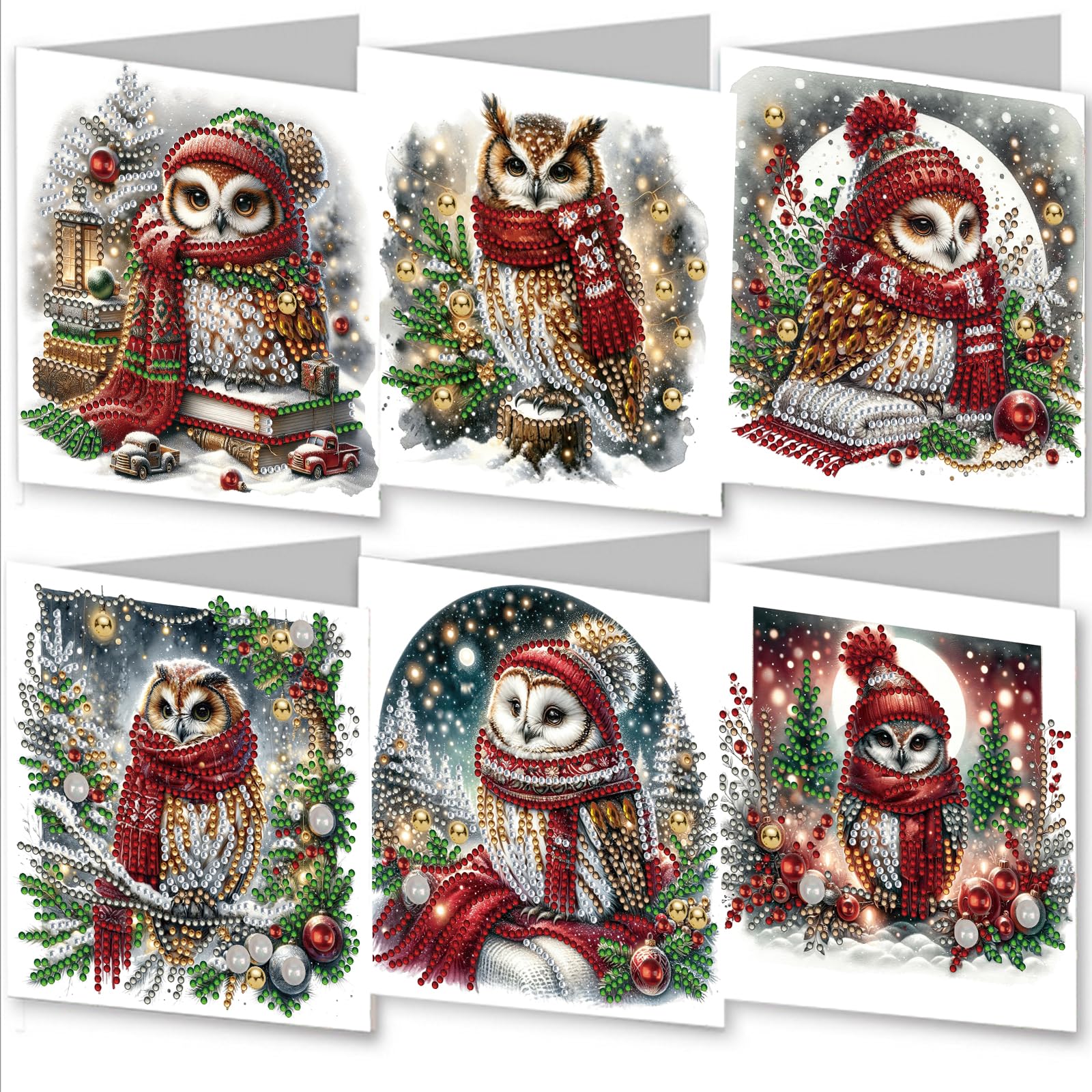 Awesocrafts 6pcs Diamond Art Christmas Cards Kits Owl Red, DIY Painting Sets With Envelopes, 5D Postcards for Handmade, Xmas 30 * 15cm (Red)