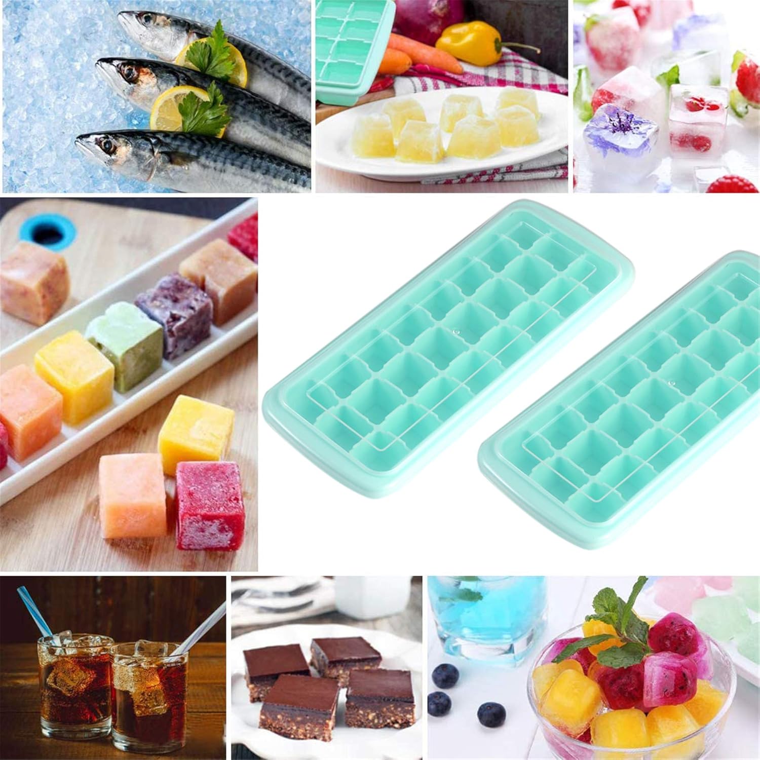 Ice Cube Trays Set of 2 Silicone and Flexible 24Ice Cube Storage Container Set With