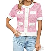 Langwyqu Womens Short Sleeve Button Down Cardigans Sweater Cropped Lightweight Crew Neck Elegant Tops