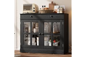 IDEALHOUSE Sideboard Buffet Cabinet with Storage Drawer,35.4" Farmhouse Kitchen Coffee Wine Bar Cabinet with 2 Glass Doors, W