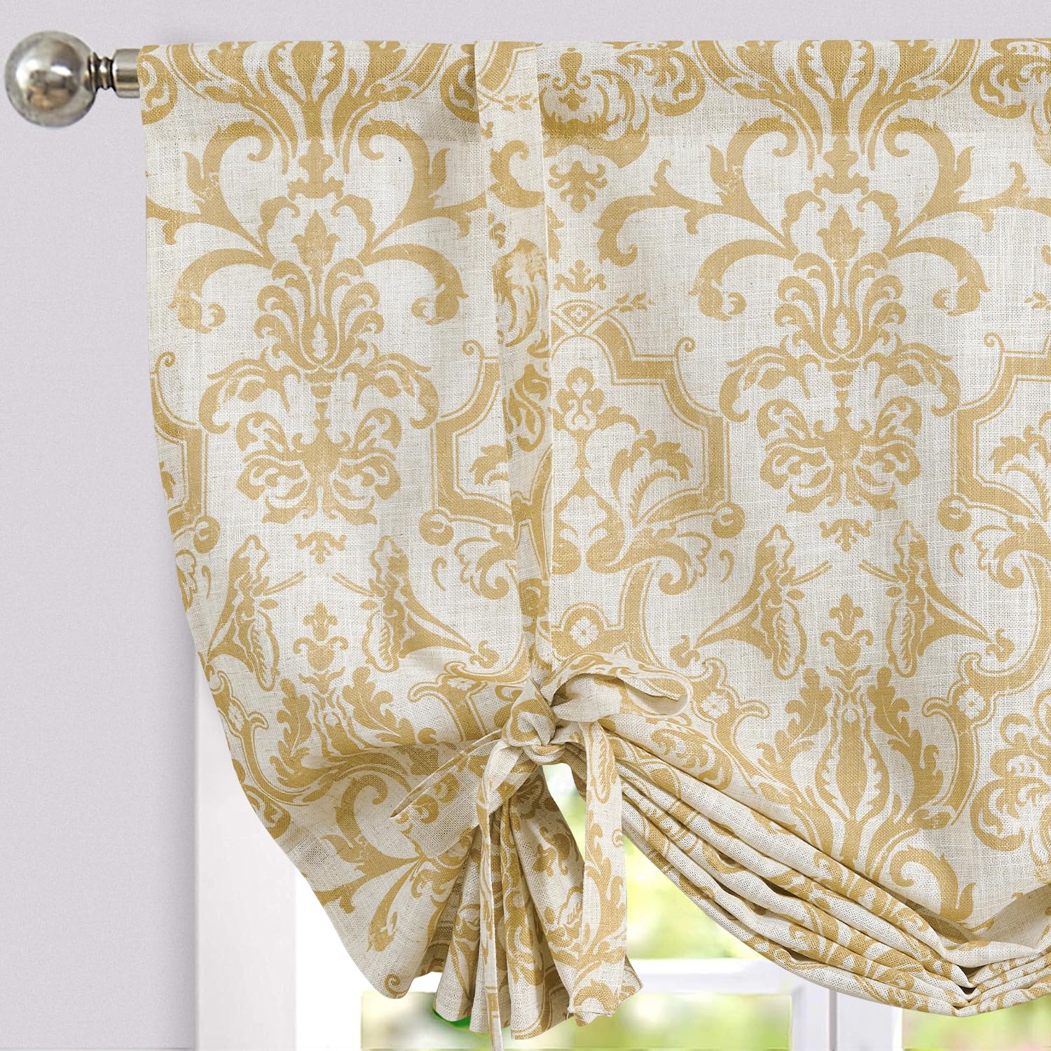 Photo 1 of jinchan Linen Tie Up Valance for Window Flax Floral Drapes Vintage Farmhouse Medallion Window Treatments Light Filtering Curtain for Living Room Cafe Rod Pocket 1 Panel 45 Inch Mustard Yellow
