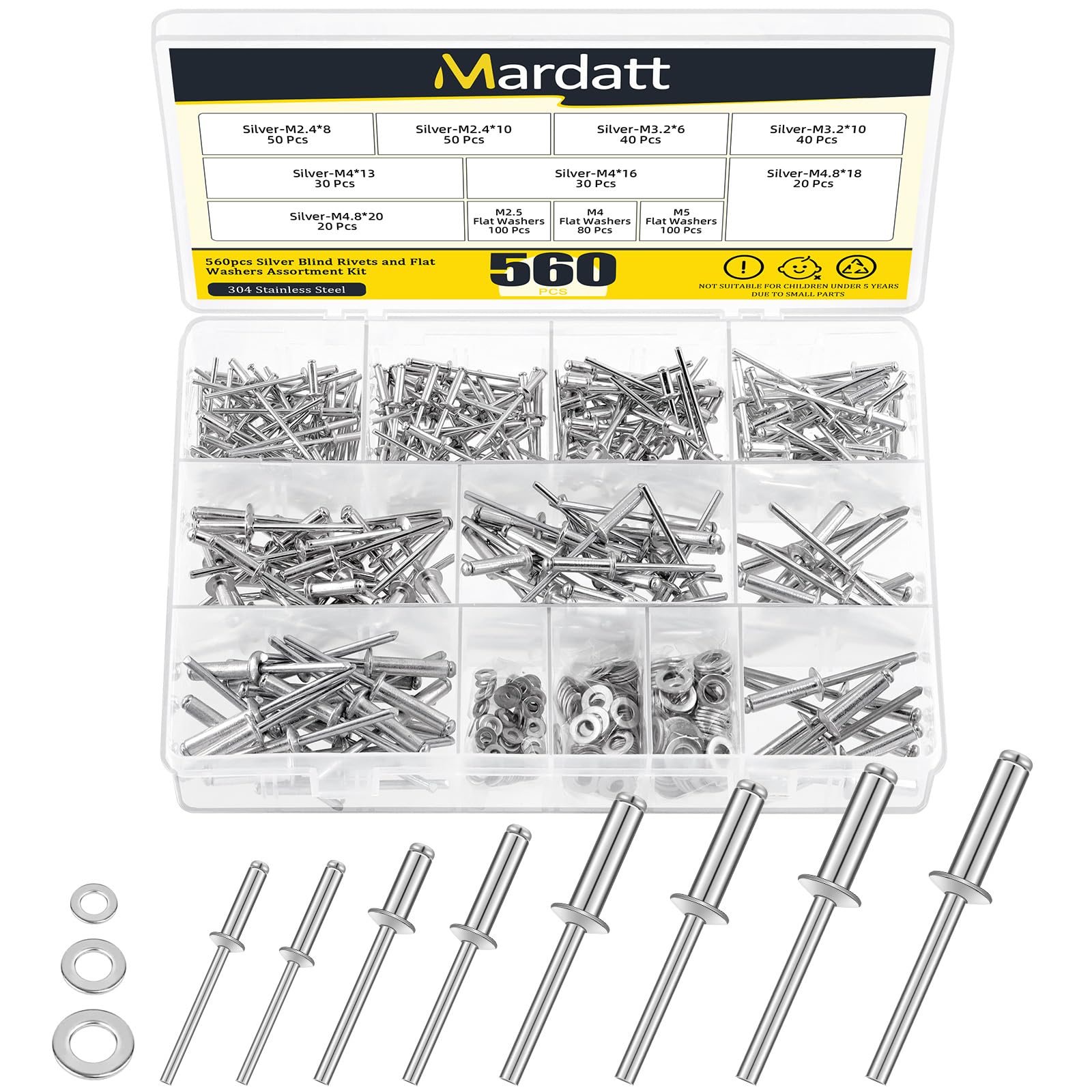 Mardatt 560pc Pop Rivets & Washers Assortment Kit - Aluminum Rivets & Stainless Steel Washers for Automotive & Furniture (Silver)