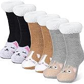 Foaincore 3 Pairs Cat Fuzzy Slipper Socks for Women with Grips Warm Winter Cozy Lined Socks Fluffy Christmas House Gifts