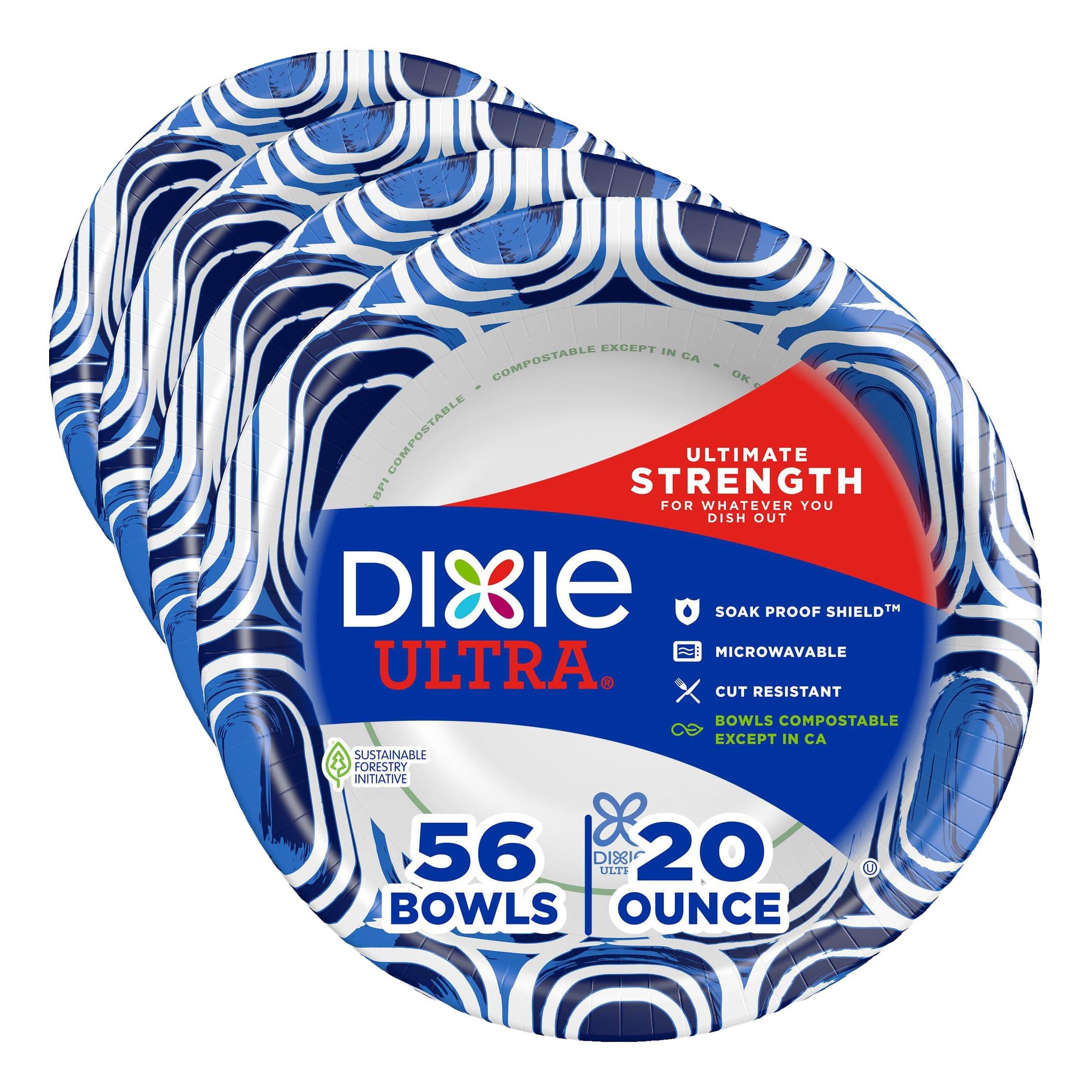 Dixie Ultra, Large Paper Bowls, 20 Oz, 56 Count, Microwave Safe, Compostable, Disposable Bowls Great For Breakfast, Lunch, And Dinner Meals (Pack of 4)