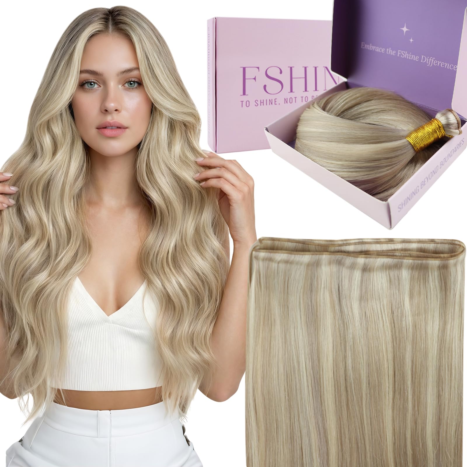 Fshine Sew in Weft Extensions Human Hair 16 Inch Ash Blonde Highlight with Bleach Blonde Human Hair Weave Sew in Weave Hair Extension Remy Human Hair 50 Grams Weft Hair Extensions — image 1
