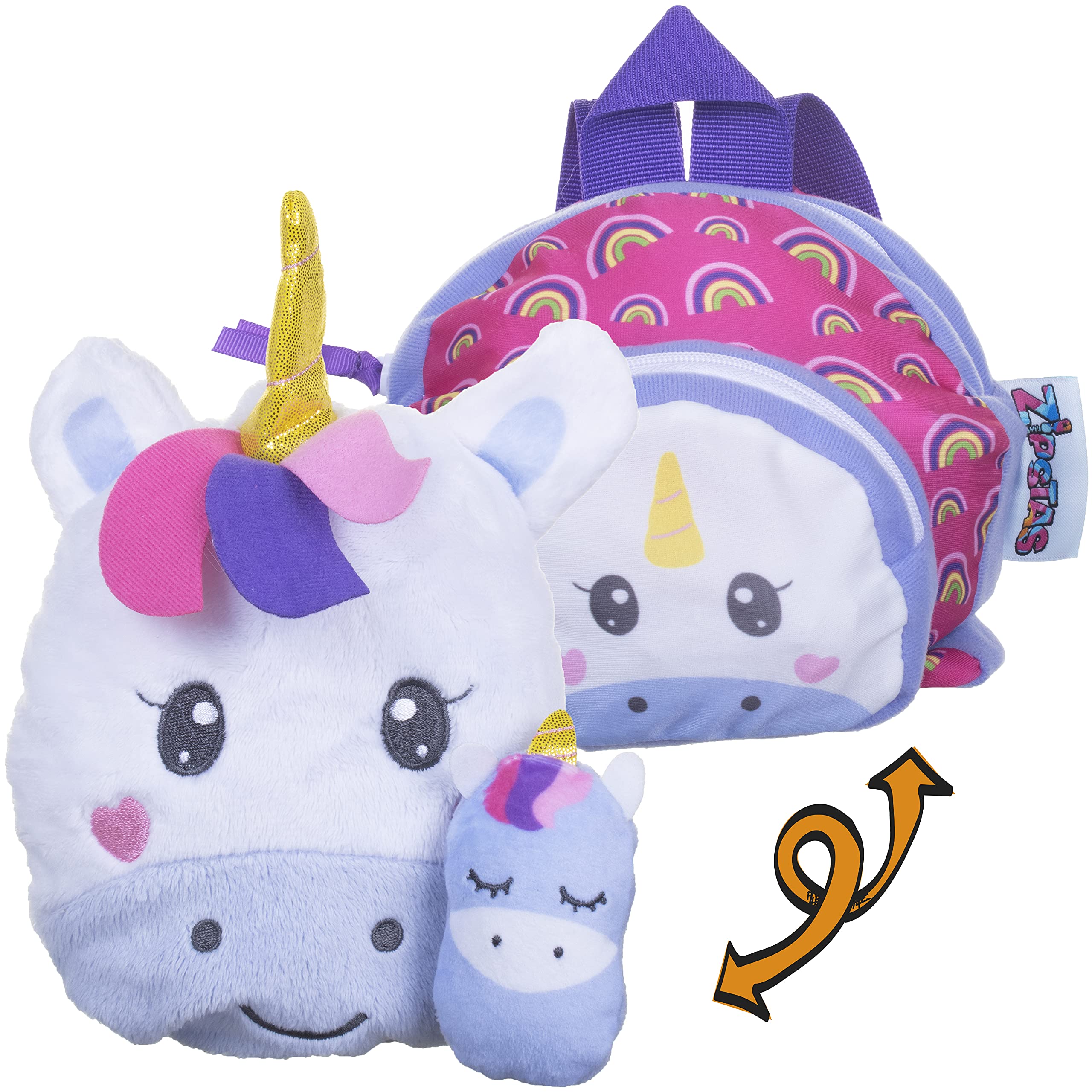 Zipstas Families 3-in-1 Girls Sleepover Bag Reversible Backpack Cuddly Unicorn Mummy and Baby Soft Toys and Medium Sized Bag