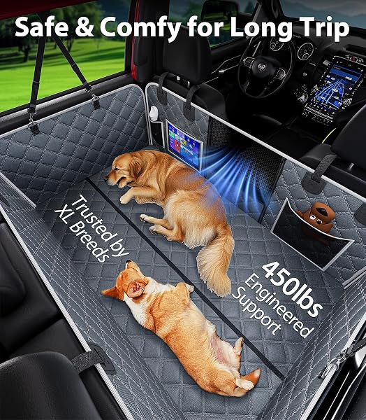 PETGENIE DOG CAR SEAT COVER FOR BACK SEAT 10-LAYER MILITARY-GRADE PROTECTION, HARD BOTTOM DOG HAMMOCK, PET BED EXTENDER FOR DOGS, WATERPROOF SEAT PROTECTOR UNIVERSAL XL SIZE FITS FOR SUV MEDIUM TRUCK