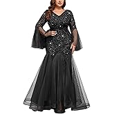MISSMAY Women's Plus Size Sequins Lace V Neck Sheer Long Sleeves Tulle Mermaid Hem Evening Dresses