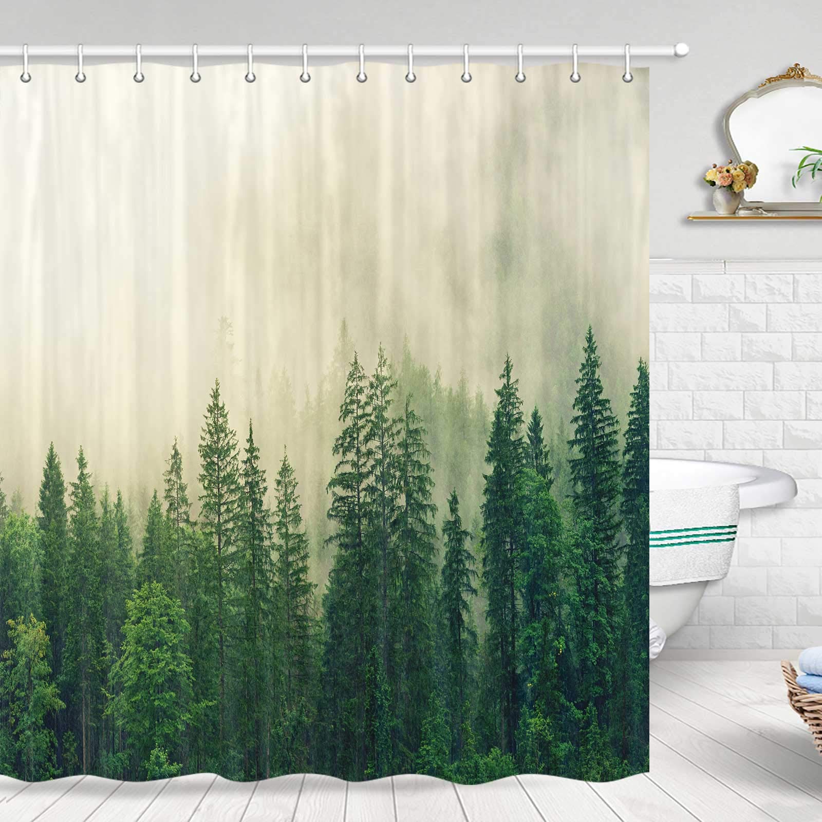 Rustic Nature Forest Shower Curtain, Misty Forest Nature Shower Curtain Green Fog Magic Woodland Pine Tree Shower Curtain Nature Mountain Tree Cool Shower Curtain Set with Hooks Included, 70"X70"inch