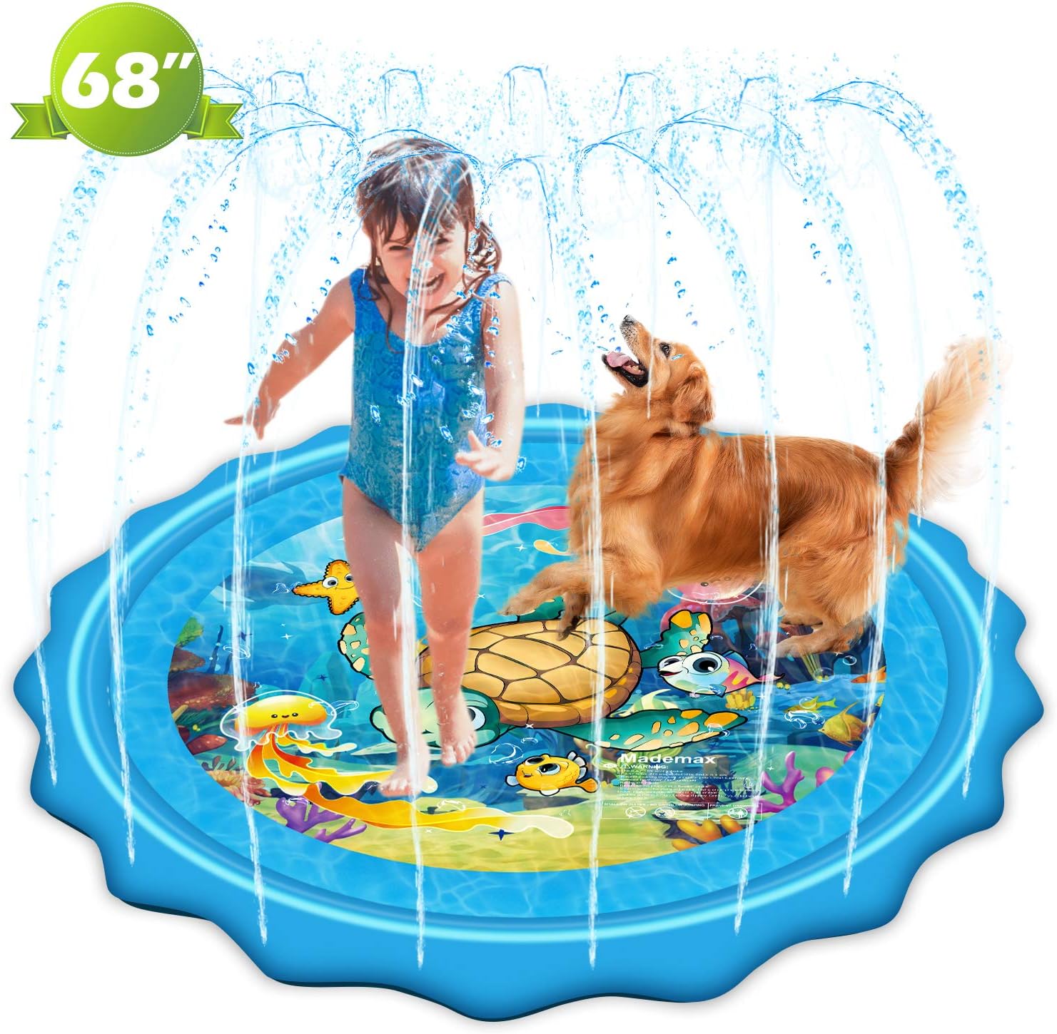 Mademax Upgraded 68" Sprinkle & Splash Play Mat, Inflatable Summer Outdoor Party Sprinkler Pad Water Toys Fun for Children, Infants, Toddlers, Boys, Girls and Kids