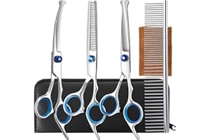 5 in 1 Upgraded Thicken Dog Grooming Scissors, Professional Dog Scissors for Grooming with Safety Round Tips, Lengnoyp Stainless Steel Thinning Shears, Pet Cat Shears for Grooming Kit