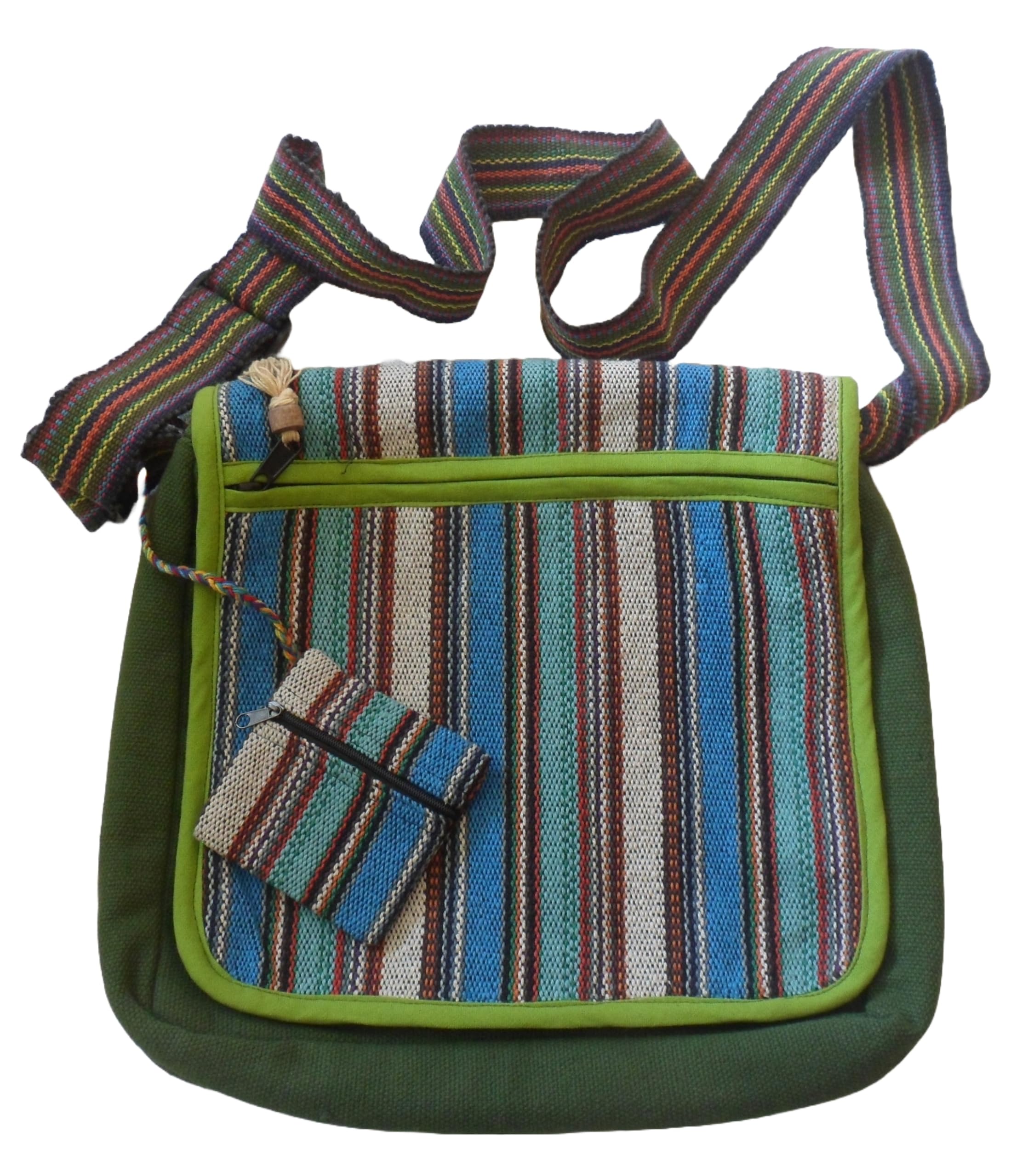 FAIR TRADE COTTON GHERI BEACH TRAVEL HIPPY BOHO FESTIVAL SHOULDER BAG & PURSE (Green & Multi)(Size:M)