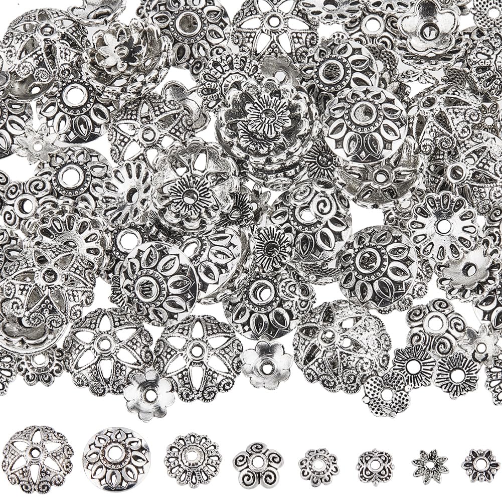 SUNNYCLUE 160Pcs 8 Styles Silver Flower Bead Caps & Spacers - Bulk Tibetan Vintage Alloy Metal Bead End Caps Findings for DIY Jewellery Making Supplies - Bracelets, Necklaces, Earrings