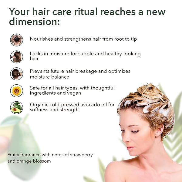 NUTRITION & STRENGTH HAIR BALM WITH ORGANIC AVOCADO – 98.6% NATURAL, VEGAN, HAIR CONDITIONER FOR DRY & DAMAGED HAIR, SULFATE-FREE, GENTLE ON SCALP, 8.5 FL OZ / 250ML