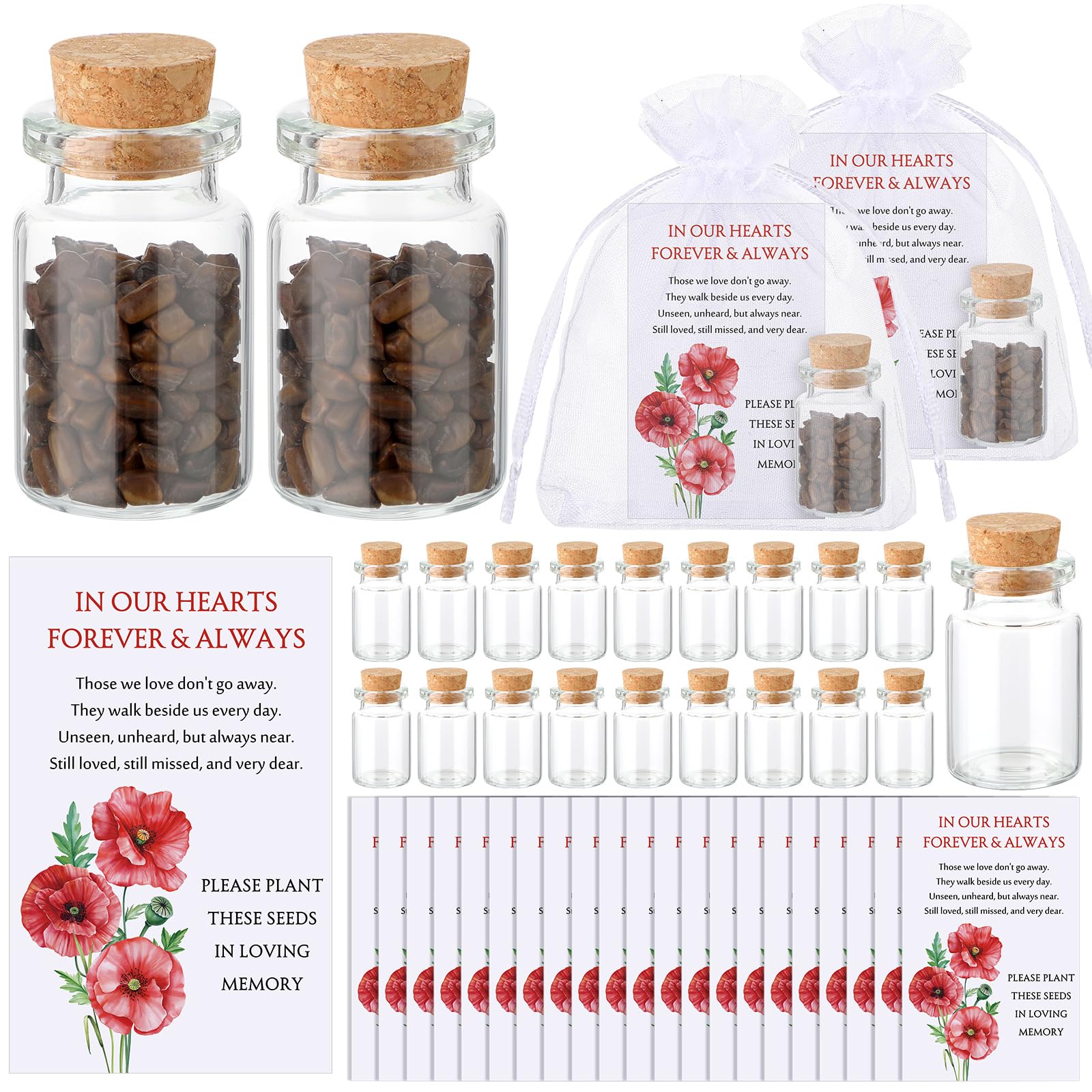 Photo 1 of 100 Sets Funeral Favors Include 100 Funeral Prayer Cards Memorial Cards 100 Memorial Seeds Glass Bottles with Cork Stopper 100 Organza Bags for Celebration of Life Loss of Loved One (Red Poppy)