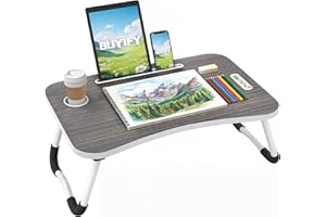 BUYIFY Folding Lap Desk, 23 Inch Portable Wood Black Laptop Bed Desk Lap Desk with Cup Holder, for Working Reading Writing, E