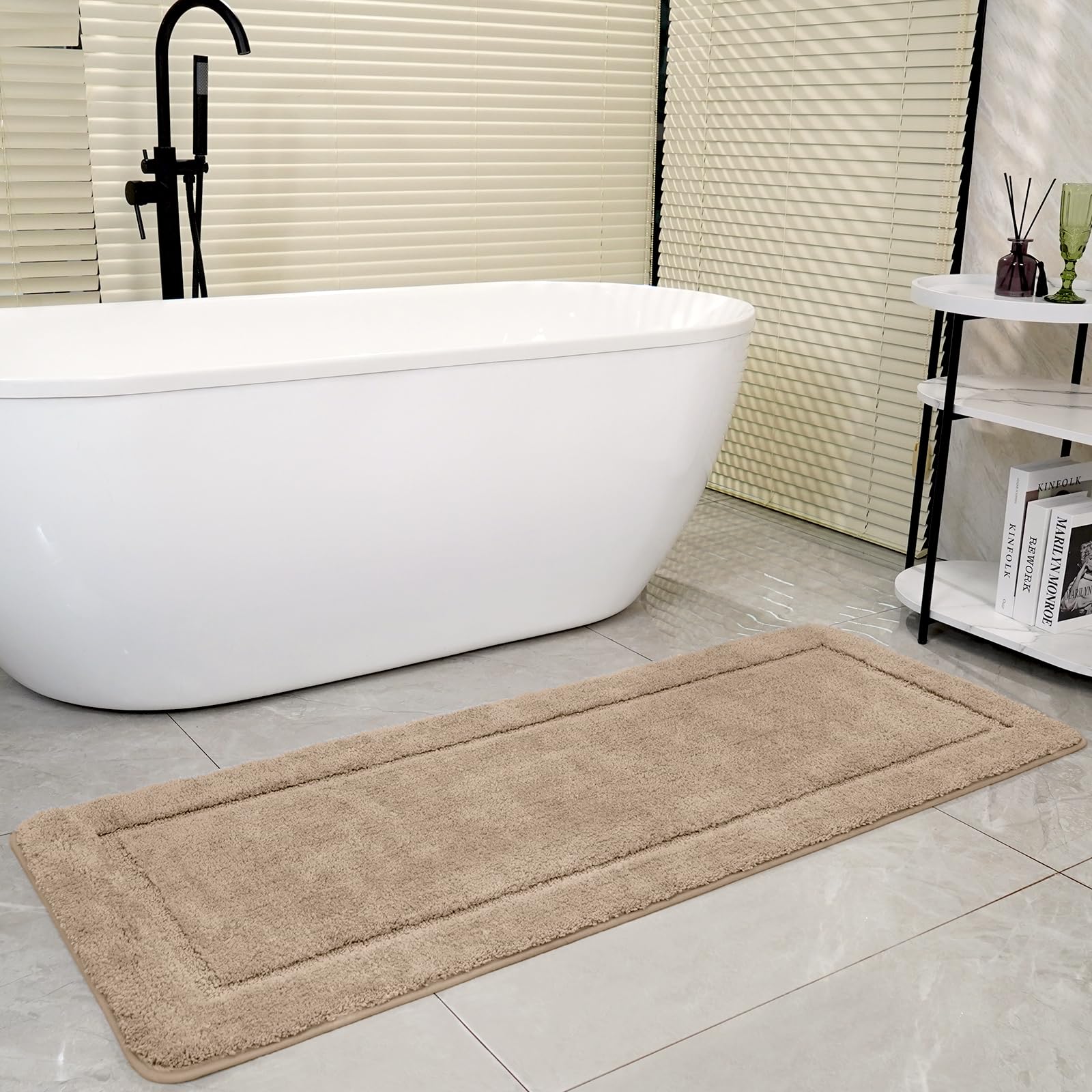 SOANNY Beige Bath Mat Single, Non-Slip Soft Microfiber Machine Washable Bathroom Carpet Water Absorbent, High Density Large Fluffy Bathtub Camel Decor Runner Rugs for Door Entrance, Kitchen, 60x150 cm