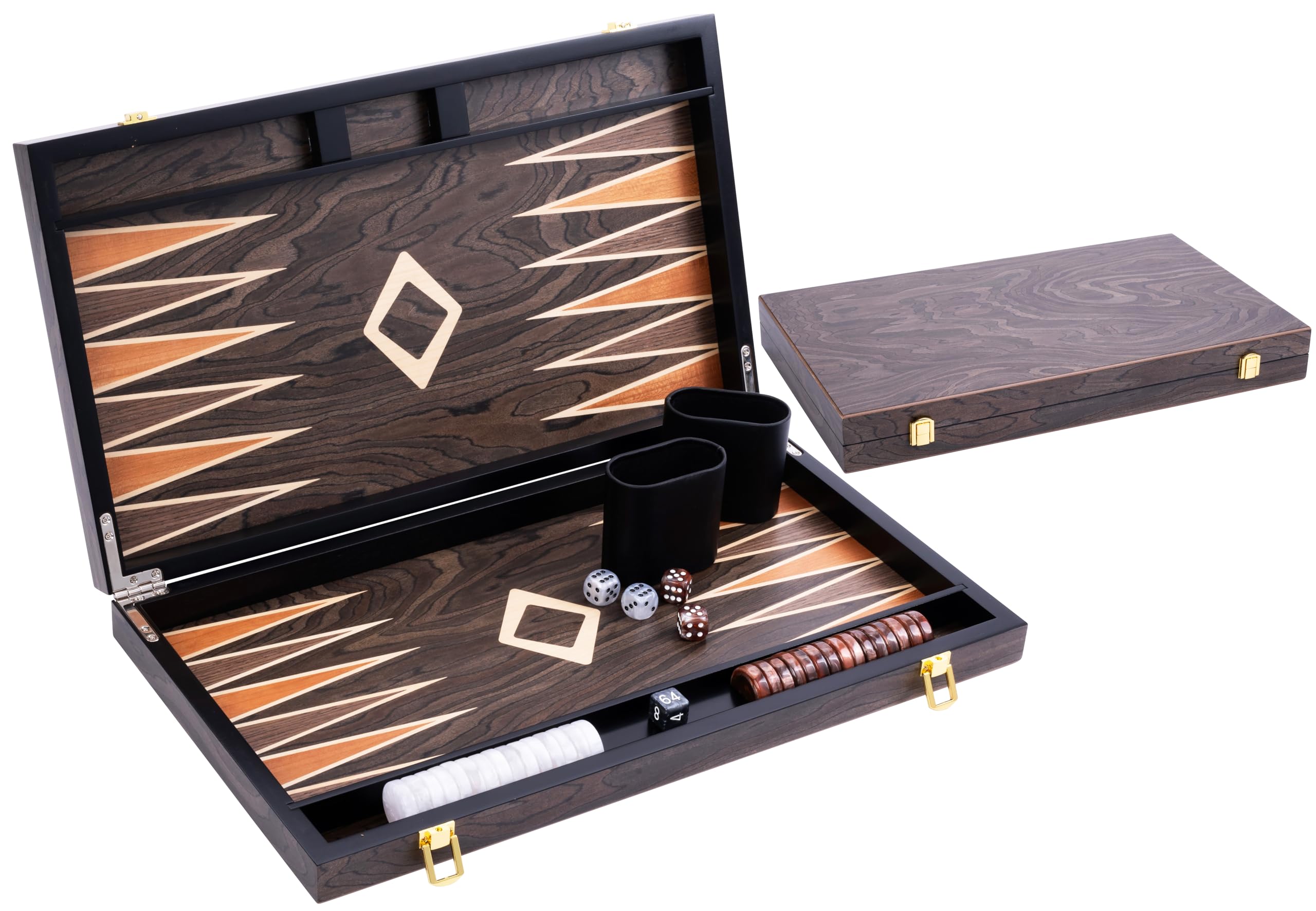 Engelhart โ 250545 โ Deluxe 18-inch Backgammon Set with Varnished Ebony Wood Veneer โ Brown โ Metal Closure โ Pearly Dice, Chips, and Wooden Cups Included โ 2 Players โ Game Rules Included โ Ages 6+ โ image 1